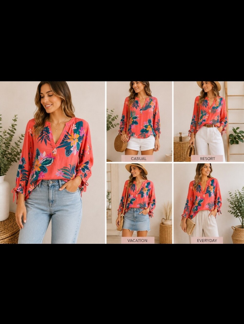 Old Navy ~ Coral Tropical Floral Linen Blend Tie Sleeve Blouse - Picture 10 of 10